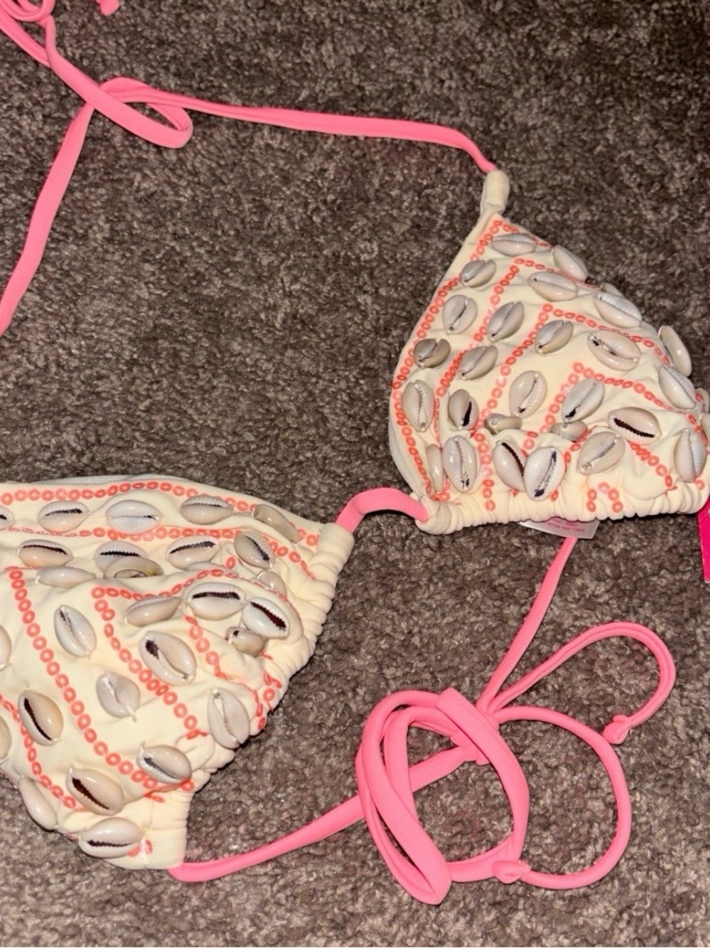 Shell-Embellished Triangle Bikini Top - coral pink & Cream